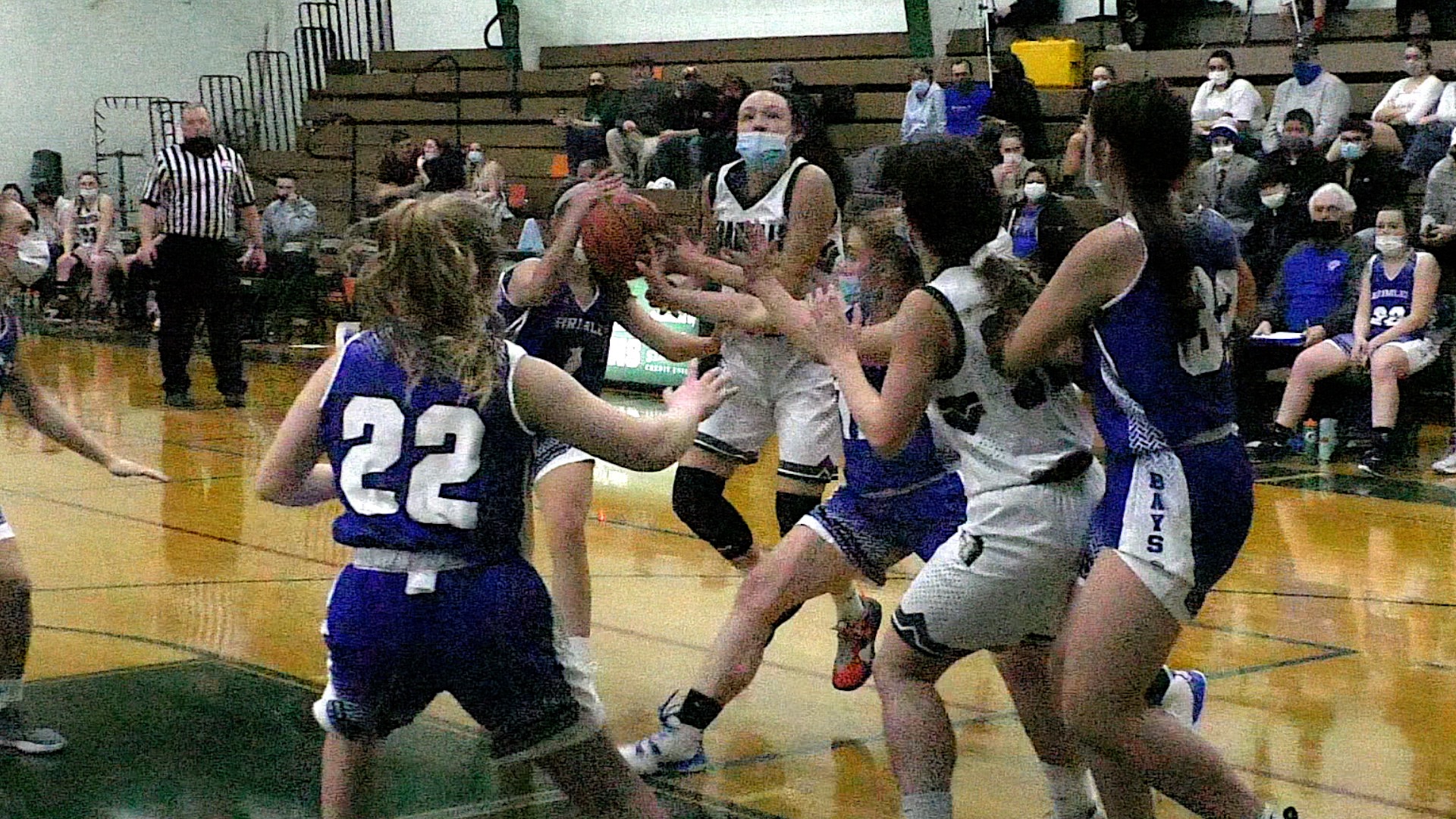 ALINA SHOOK DRIVES INTO A HOST OF BAYS GOING TO THE BASKET IN FIRST QUARTER ACTION AGAINST BRIMLEY THURSDAY EVENING.