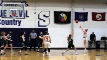 Chesney Molina drills the three in fourth quarter action in the Sault High Gym. Rudyard went on to beat Cedarville.