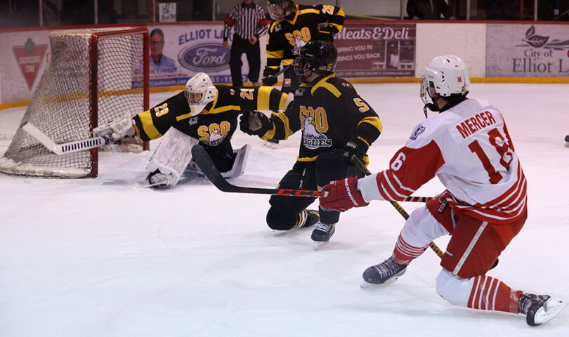 Soo Eagles Reid Ramsay makes save on Red Wings player